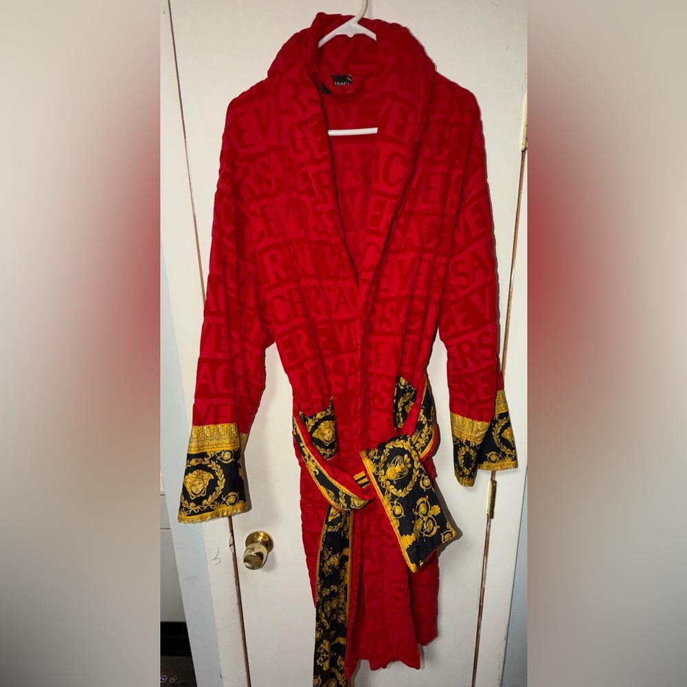 Excellent Condition Large Versace Red Robe with Black and Gold Details